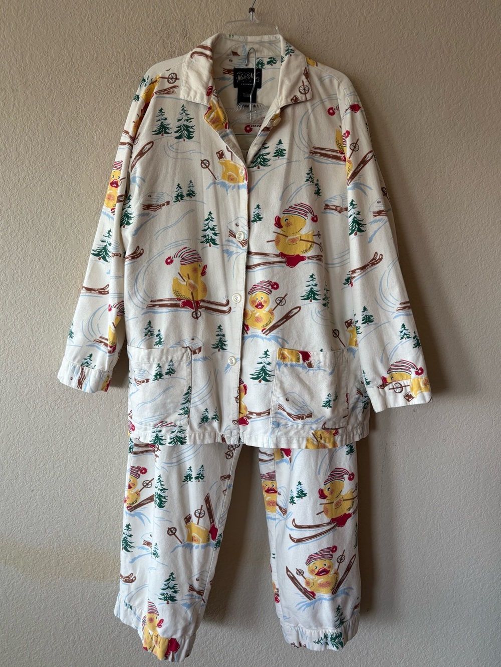 Vintage Nick and Nora Cotton Flannel Pajama Set Rubber Ducky Skiing Print Size L